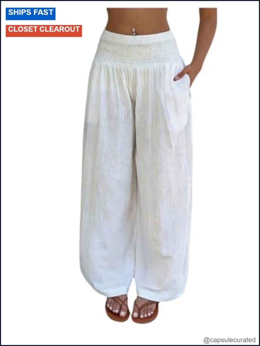 Flowy Linen Palazzo Pants Shirred High Waisted Wide Leg Beach Trousers Pockets